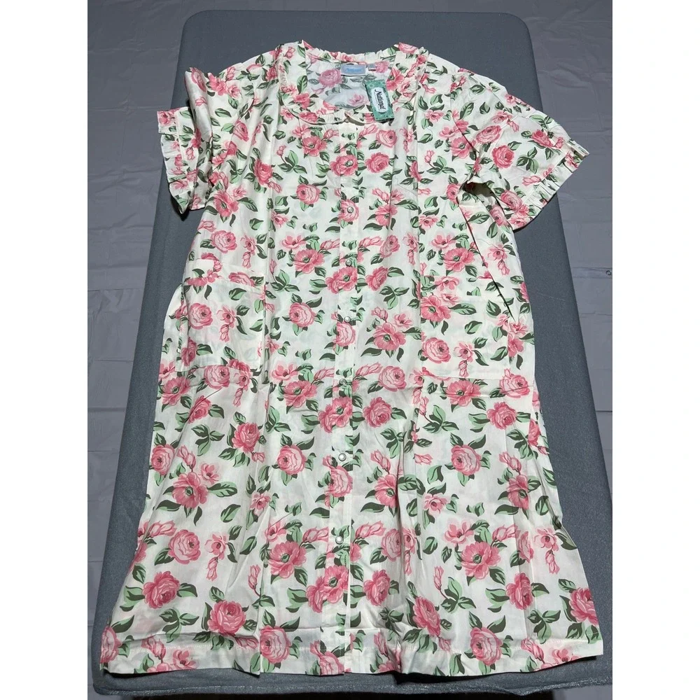 National Floral Snap Front House Dress Duster Lounger Pink Roses Robe Cotton 3X